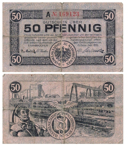 Saarbrucken 50 Pfennig Gutschein 13. Dezember 1916 Notgeld