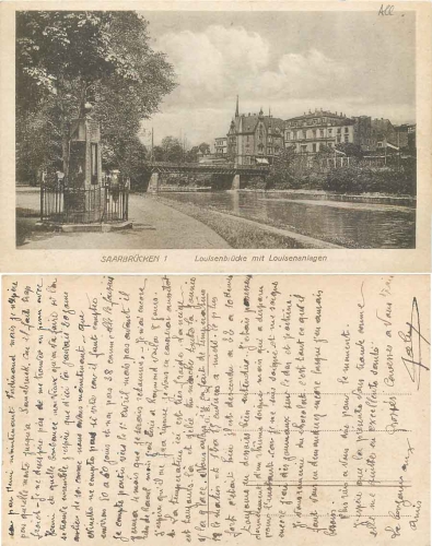 Saarbrucken Louisenbruecke mit Louisenanlagen gebr. ca. 1922