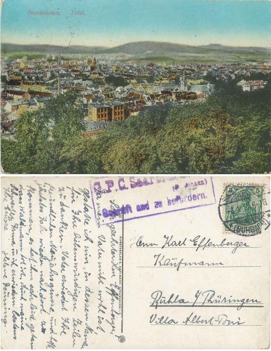 Saarbrücken Zesurstempel 1.WK G.P.C. geprüft und zu befördern o 03.01.1915