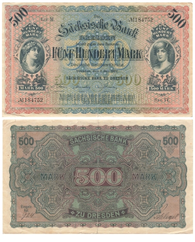 Saxon Bank of Dresden Five Hundred Marks July 1, 1922 RO748 SAX-10
