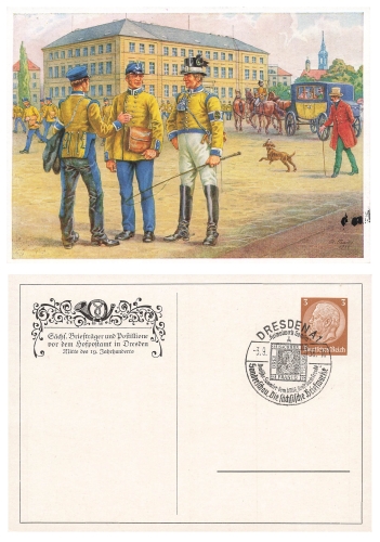 Saxon postmen in front of the Dresden court post office. Private postal stationery special stamp Heimatwerk items 3.91938