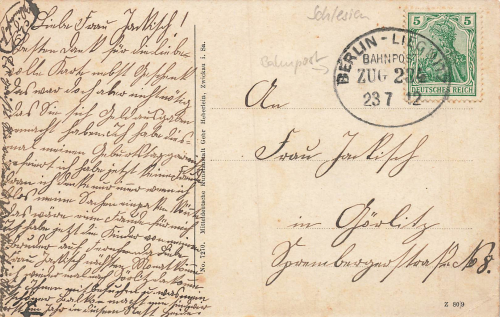 Sagan Pohlstrasse Schlesien Zagan Bahnpoststempel Berlin-Liegnitz Zug234 o 1912
