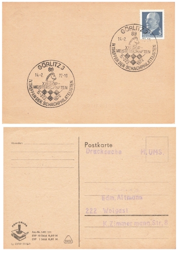 Schach XXI. DDR Meisterschaften Sonderstempel auf Drucksache Görlitz 14.2.1972