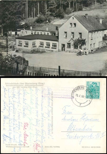 09518 Grossrueckerswalde Schindelbach about Marienberg (Sachs) 1 country postmark on postcard Schindelbachmuehle o 15.7.1960