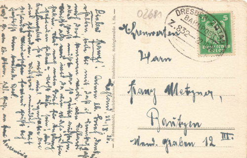 02681 Schirgiswalde Bahnpost Dresden-Zittau ZUG 832 o 1926