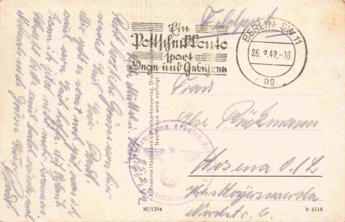 Zehlendorf Berlin Gaststätte Schloß-Schlachtensee Feldpost Genesenden-Komp. Kradsch..-Ers.-Rgt. 4 o 1942