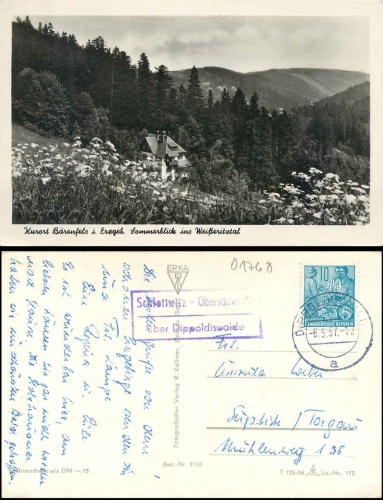 01768 Schlottwitz - Oberschlottwitz about Dippoldiswalde country postmark on postcard Baerenfels o 6.5.1957
