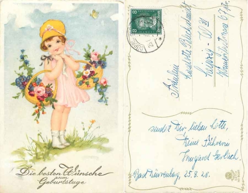 Child with Flower Baskets Butterfly Birthday Card o 25.8.1928