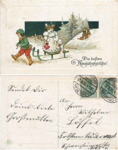 Schneemann / Schneefrau auf Schlitten Neujahr Prägekarte o 31.12.1920
