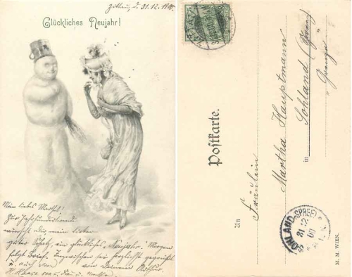 Schneemann und Frau Neujahr Künstlerkarte M.M. Wien o 31.12.1900