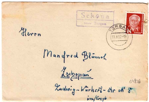 04862 Schoena via Torgau country postmark 19.8.1952