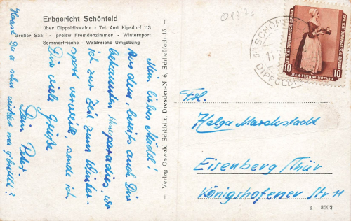01744 Schoenfeld Dippoldiswalde Erzgebirge Gasthof Erbgericht o um 1950