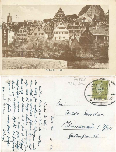 74523 Schwaebisch Hall o 4.3.1933 Bahnpost Crailsheim-Heilbronn Zug 2134