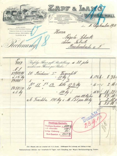 Schwäbisch Hall Briefkopf Zapf & Lang Fettchemie 1.9.1913  Siederei, Öldestillation, Schmierfette, Schmieröle 