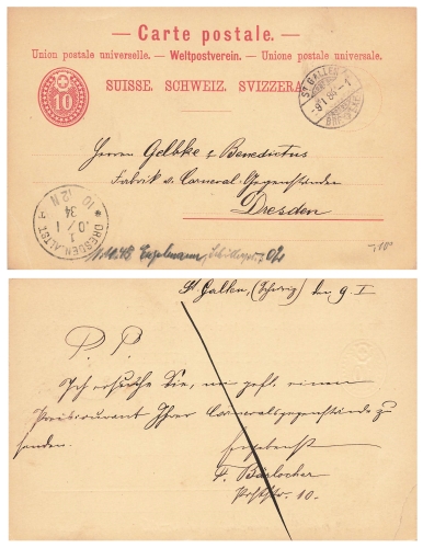 Schweiz 10 Rappen Ganzsache o St Gallen 9.1.1884 nach Dresden