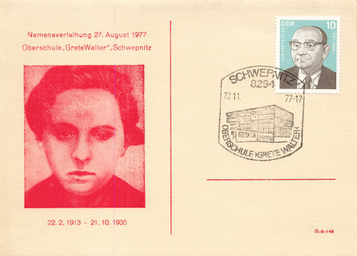01936 Schwepnitz Oberschule Grete Walter Namensverleihung Sonderstempel 1977