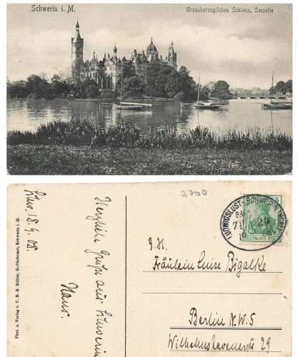 Schwerin Castle railway postmark Ludwigslust Schwerin Zug 24 September 19, 1908