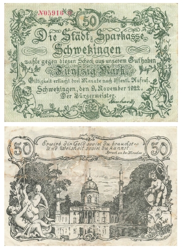 Schwetzingen Fifty Marks November 9, 1922 Emergency money