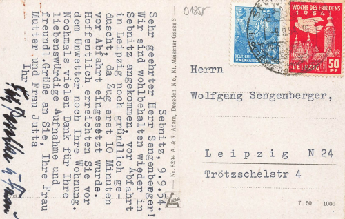 01855 Sebnitz in Sachsen RS Spendenmarke Woche des Friedens Leipzig 1954