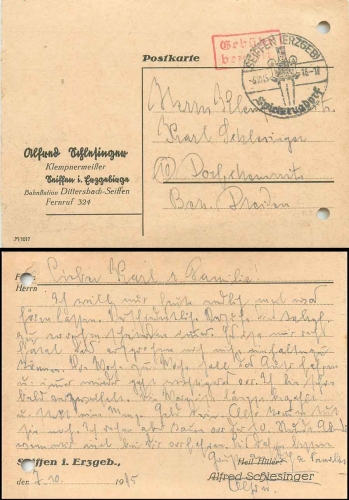 Seiffen Erzgebirge roter Gebühr bezahlt Stempel auf Postkarte o 8.10.1945 nach Dorfchemnitz
