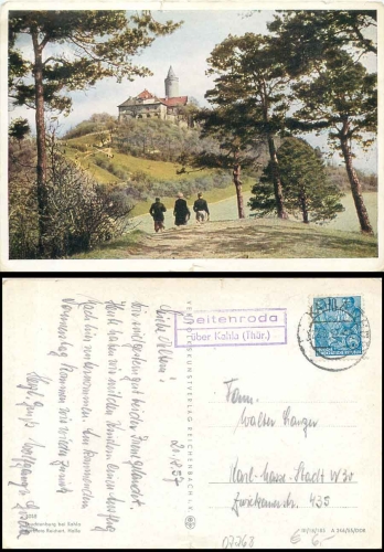07768 Seitenroda about Kahla post office stamp o 08/22/1957 on postcard light castle