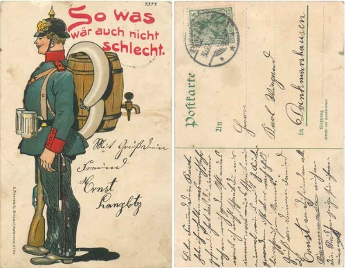 Deutscher Soldat mit Pickelhaube Bierfass und Wurst. Litho o 30.101908