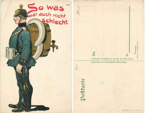 German soldier with beer barrel and sausage Litho Bruno Bürger 7377 * at 1905