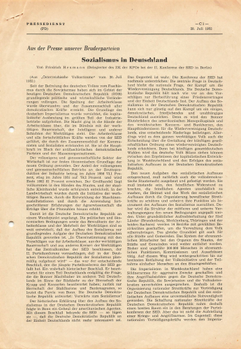 Sozialismus in Deutschland Pressedienst der DDR 3 Seiten 1952