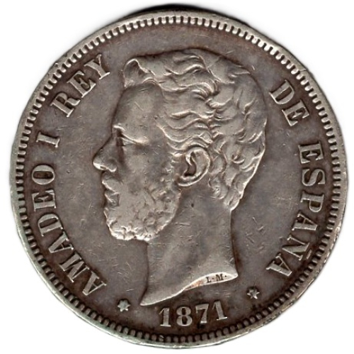 Spain 5 Pesetas 1871 Amadeao I