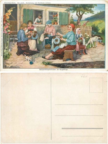 Hausarbeit, Klöppeln, Spitzenklöpplerinnen Erzgebirge Künstlerkarte Rud. Schneider * ca. 1920