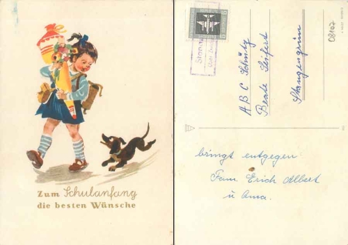 08107 Stangengruen about Zwickau (Sachs) 2 country postmarks AK school beginning with dachshund o around 1957