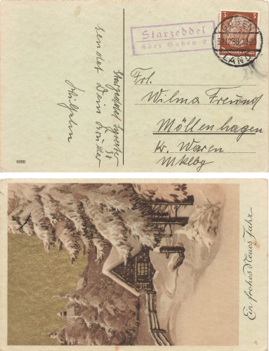 Starzeddel via Guben 2 country postmarks on greetings card Starosiedle o December 30, 1938