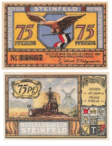 Steinfeld Schleswig 75 seventy-five pfennigs 1921 emergency money