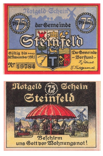 Steinfeld Schleswig 75 seventy-five pfennig umbrella 1921 emergency money