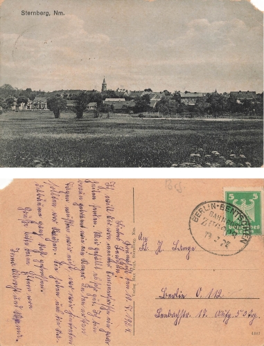 Sternberg Neumark railway postmark Berlin-Bentschen train 228 July 19, 1924