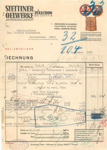 Züllchow Stettiner Oelwerke Briefkopf 1935