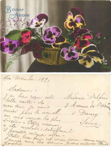 Stiefmütterchen in Korb, Neujahrskarte gebr. 1920