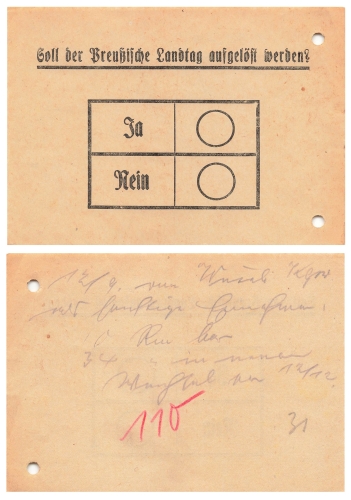 Stimmzettel "Soll der Preußische Landtag auf gelöst werden?"  1931