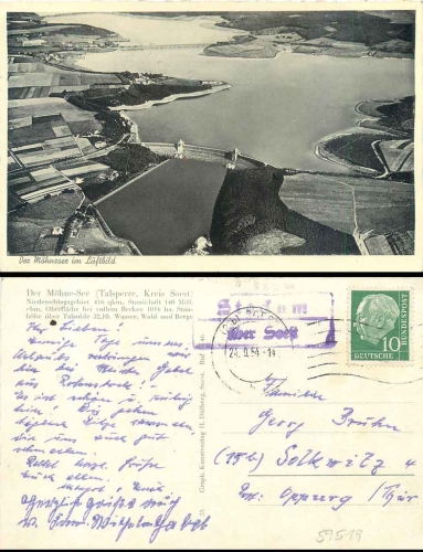 59519 Stockum over Soest country postmark on postcard Möhnesee Dam o 24.9.1954