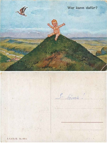 Stork and baby artist card "Who can help" gebr. around 1920