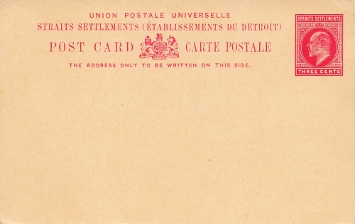Straits Settlements Post Card Three Cents Edward postal stationery 1903 *