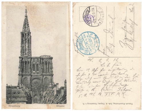 Strasbourg Alsace Münster Censorship stamp Tested and to be transported P.K. b o June 6, 1916
