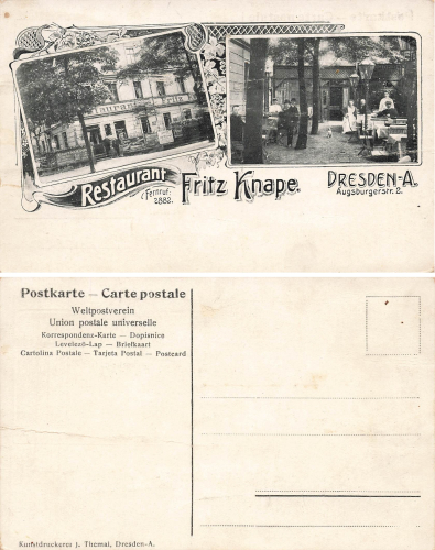 Striesen Dresden Augsburgerstrasse 2 Restaurant Fritz Knape * um 1910