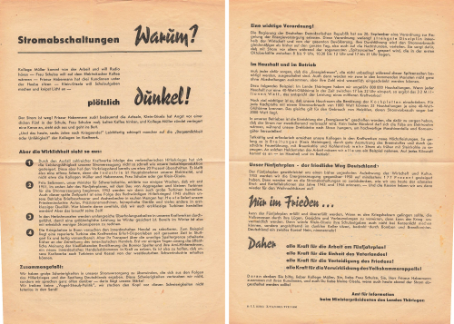 Power outage in Thuringia propaganda leaflet A4 around 1950