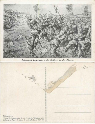 Storming infantry on the Marne artist card *around 1916