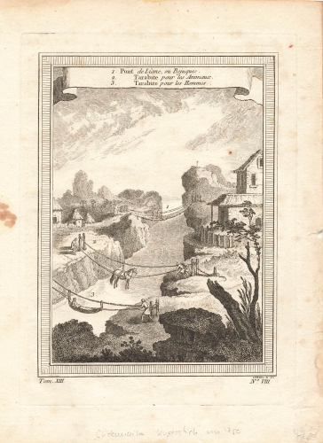 South America 1. Pont de Liane, ou Bejuques. 2. Tarabite pour les animals. 3. Tarabite pour les Hommes  Chedel copperplate engraving around 1750