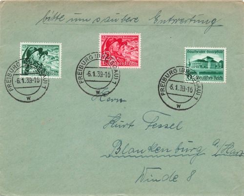 Sudetenland Michel 684 685 and Saarpfalz Michel 673 on cover o Freiburg 6.1.1939