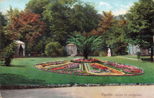 Teplitz Kurgarten Teplice o 1909 mit Vignette Bund der Deutschen in Böhmen