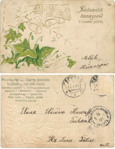 Suedamelik onnesoow Linawotte pühik's snowdrops and bells embossed card 1908