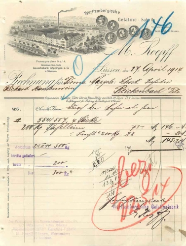 73079 Suessen Wuerttemberg Gelatin Factory M. Koepff letterhead 1914